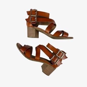 Brown leather block heel sandals
